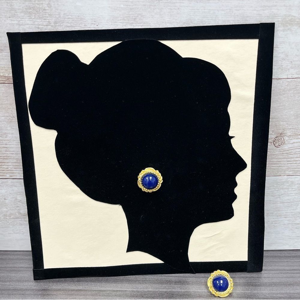 Vintage M. Lent Navy Cabochon Gold Tone Earrings for Pierced Ears 
